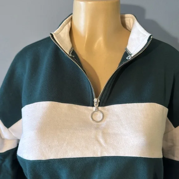 Forever 21 Green White Striped Long Sleeve Pull Over Crop Top Sweatshirt - Picture 2 of 5